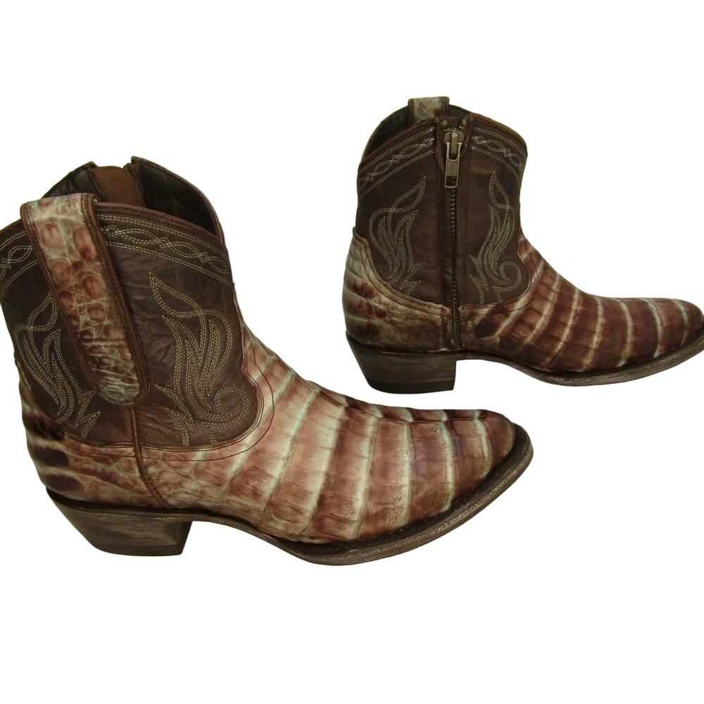 NEW ALLENS Sierra Caiman Cowboy Boots Brown/Turquoise Round Toe Zip
